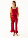 Czerwony lniany top damski z kwadratowym dekoltem - zestaw letni ze czerwonymi spodniami z falbankami