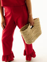 Czerwone letnie spodnie damskie z lnu z szerokimi nogawkami