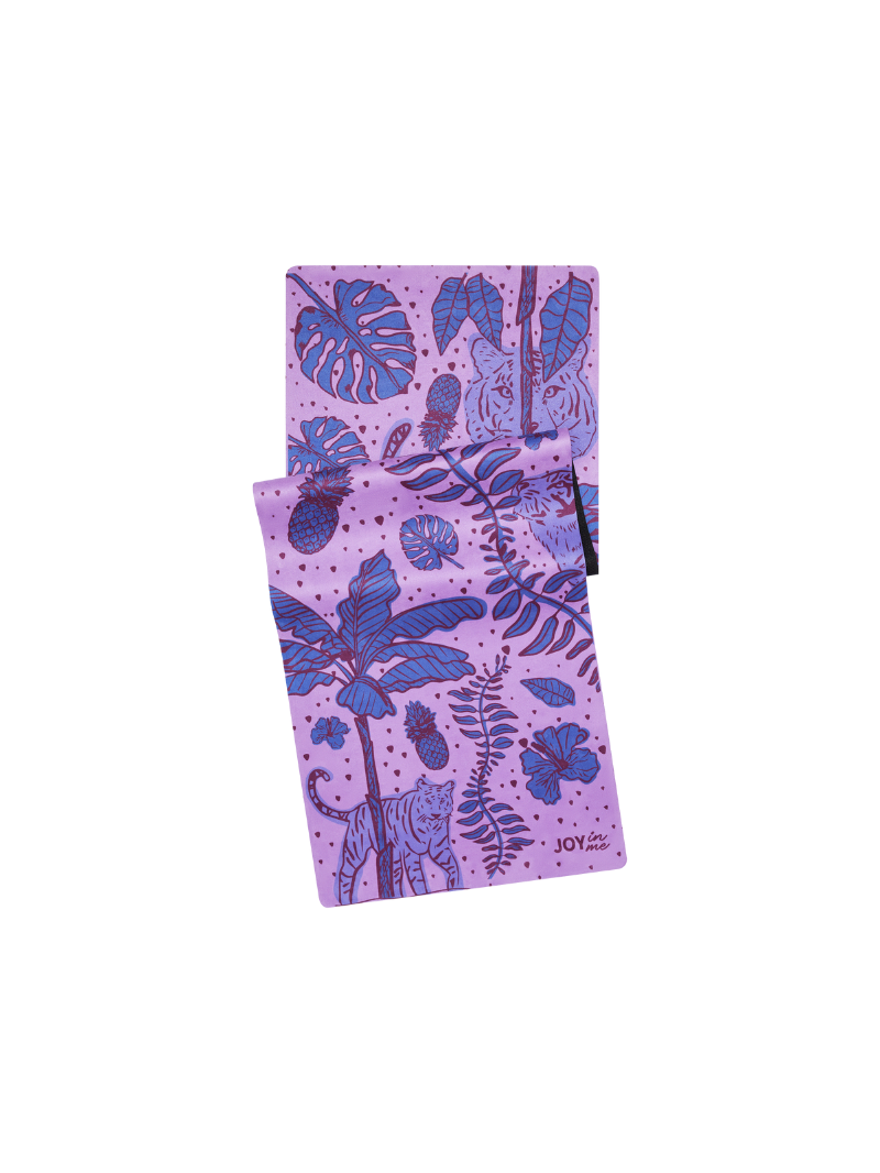 Fioletowa, antypoślizgowa kauczukowa mata do ćwiczeń jogi 3 mm z tropikalnym wzorem w rośliny