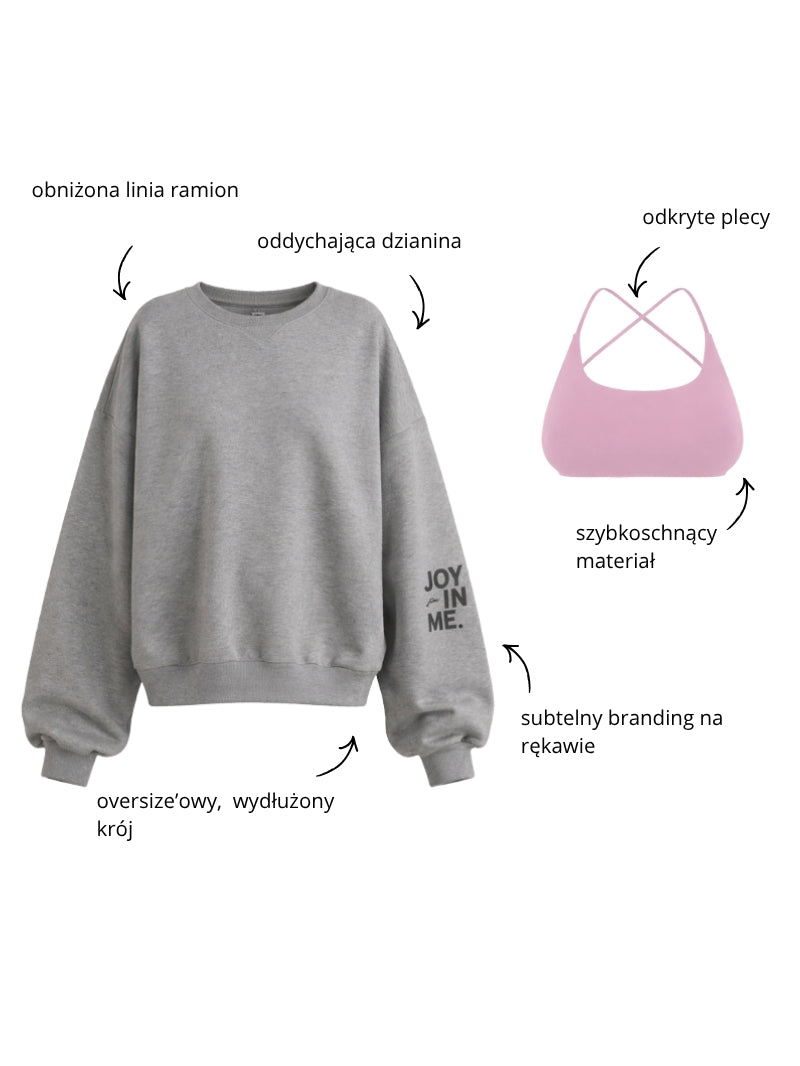 Szara oversize bluza damska w komplecie z różowym crop topem z odkrytymi plecami - packshoty z opisami wyróżników