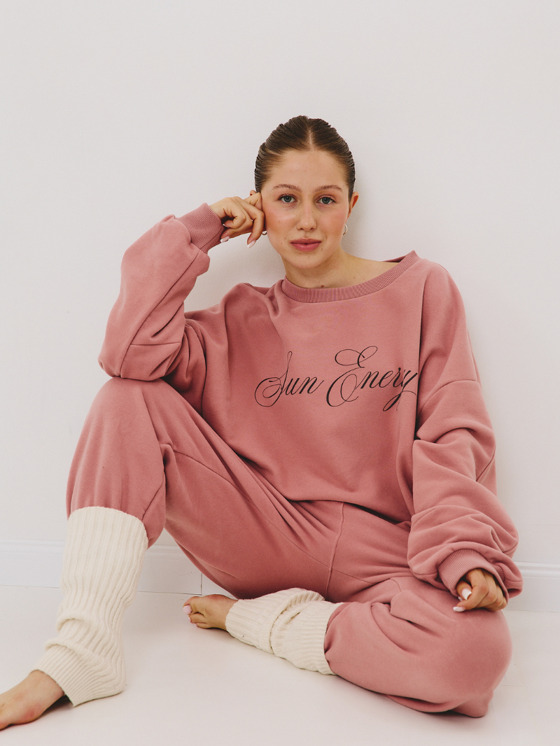 Różowa damska bluza oversize z napisem Sun Energy - set z dresowymi spodniami