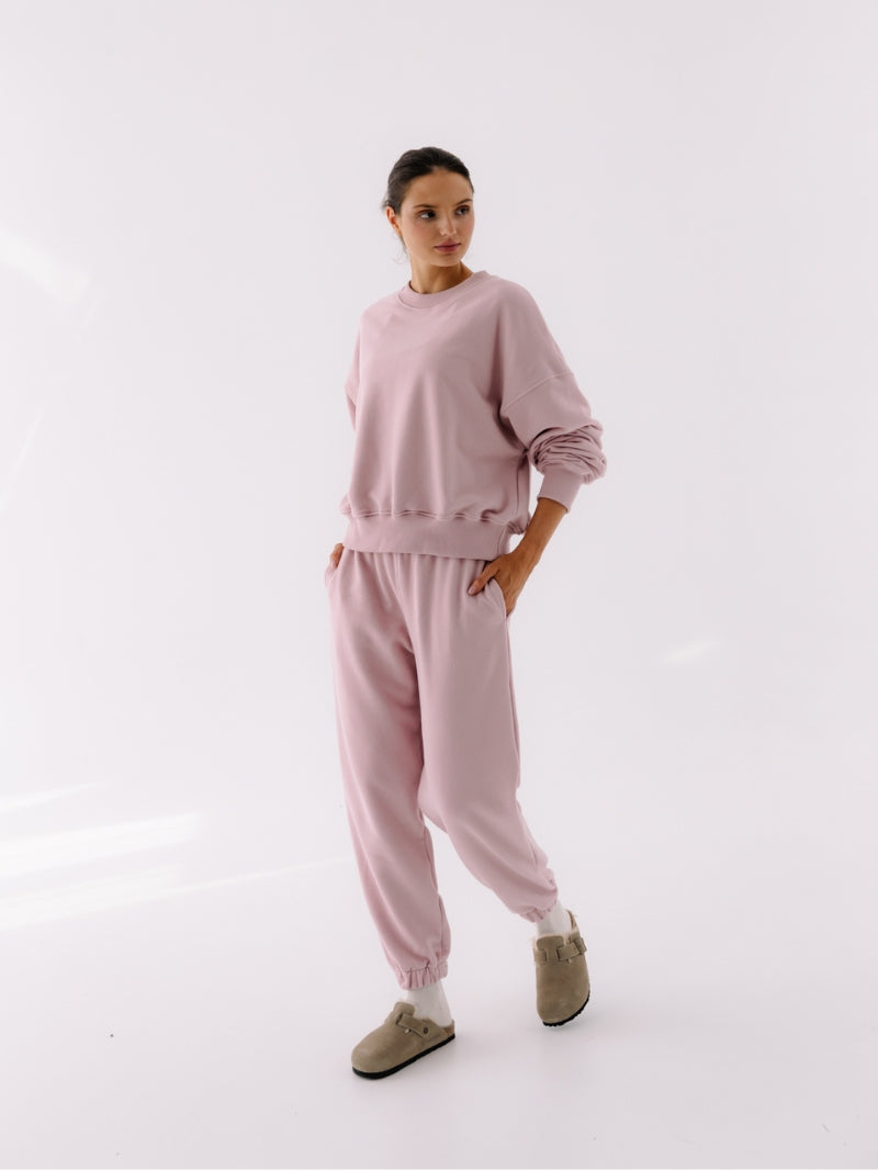 Różowe bawełniane spodnie dresowe - set z luźną bluzą oversize