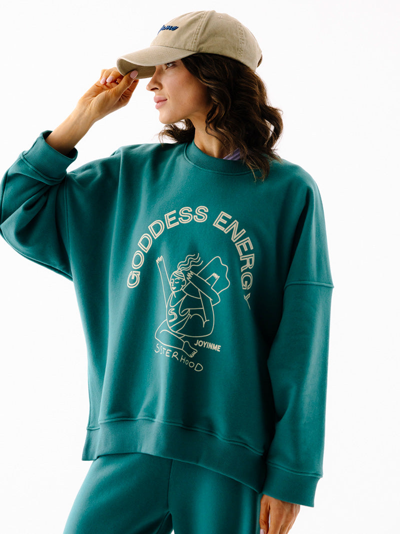Zielona, luźna bawełniana bluza oversize Kind - widok na nadruk Goddess Energy