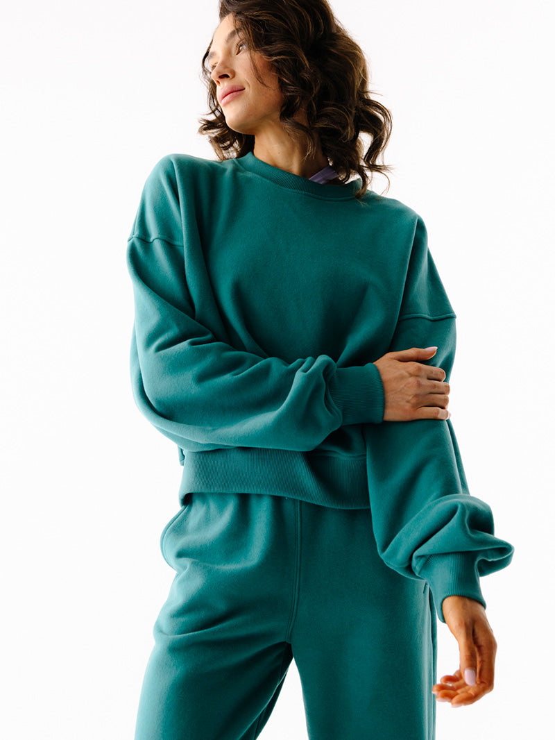 Zielona bawełniana damska bluza oversize - zestaw z luźnymi spodniami